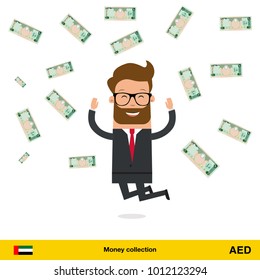 Businessman happy to earn a lot of money. Dirham banknote vector illustration.