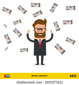 Businessman happy to earn a lot of money. Dirham banknote vector illustration.