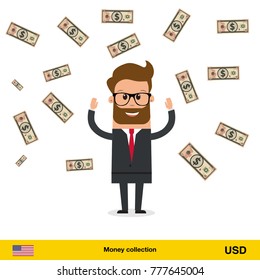Businessman happy to earn a lot of money. Dollar banknote vector illustration.