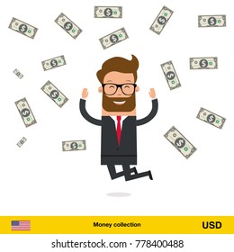 Businessman happy to earn a lot of money. Dollar banknote vector illustration.