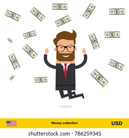 Businessman happy to earn a lot of money. Dollar banknote vector illustration.