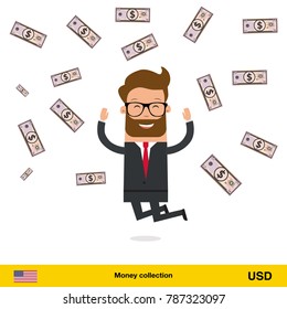 Businessman happy to earn a lot of money. Dollar banknote vector illustration.