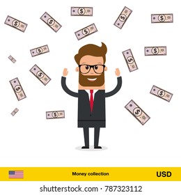 Businessman happy to earn a lot of money. Dollar banknote vector illustration.