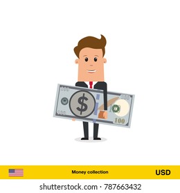Businessman happy to earn money. Dollar banknote vector illustration.
