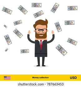 Businessman happy to earn a lot of money. Dollar banknote vector illustration.