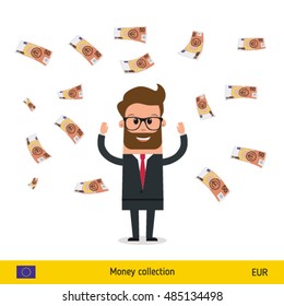 Businessman happy to earn a lot of money. Euro banknote vector illustration.
