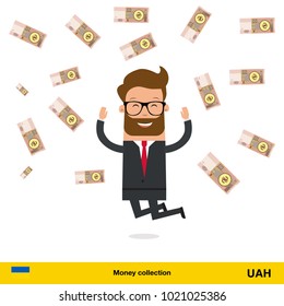 Businessman happy to earn a lot of money.  hryvnia banknote vector illustration.