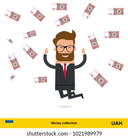 Businessman happy to earn a lot of money. Hryvnia banknote vector illustration.