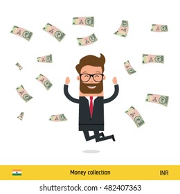 Businessman happy to earn a lot of money. Indian Rupee banknote vector illustration.