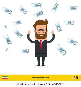Businessman happy to earn a lot of money. Iranian rial banknote vector illustration.