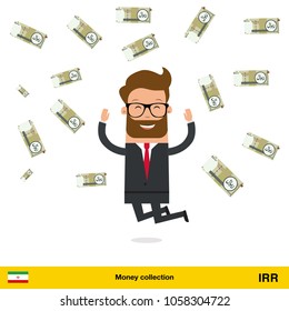 Businessman happy to earn a lot of money. Iranian rial banknote vector illustration.

