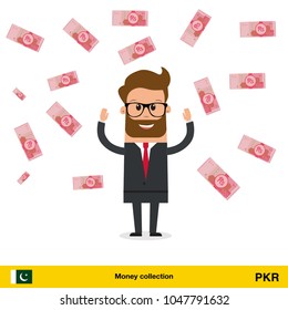 Businessman happy to earn a lot of money. Pakistan rupee banknote vector illustration.

