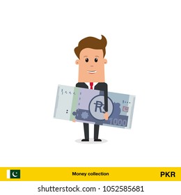Businessman happy to earn money. Pakistan rupee banknote vector illustration.