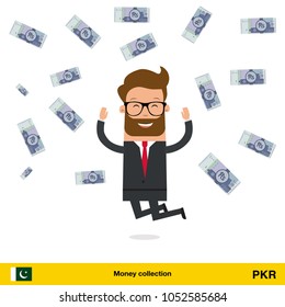 Businessman happy to earn a lot of money. Pakistan rupee banknote vector illustration.