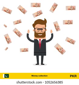 Businessman happy to earn a lot of money. Pakistan rupee banknote vector illustration.

