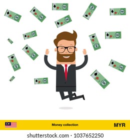 Businessman happy to earn a lot of money. Ringgit banknote vector illustration.