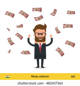 Businessman happy to earn a lot of money. Saudi Arabian Riyal banknote vector illustration.