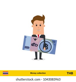 Businessman happy to earn money. Thai baht banknote vector illustration