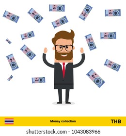 Businessman happy to earn a lot of money. Thai baht banknote vector illustration.