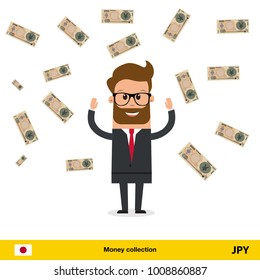 Businessman happy to earn a lot of money. Yen banknote vector illustration.