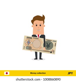 Businessman happy to earn money. Yen banknote vector illustration.