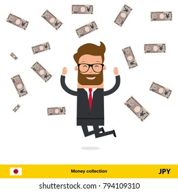 Businessman happy to earn a lot of money. Yen banknote vector illustration.