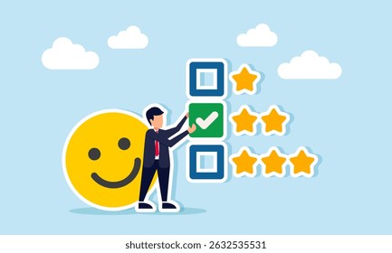 Businessman with happy emoticon placing check mark on star list illustration of progress improving business quality to gain more attention and positive response from public