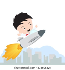 businessman happy and flying with rocket for growing business start up on white background, illustration vector in flat design