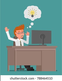 A businessman is happy with a good idea. Vector illustration. Flat design style.