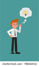 A businessman is happy with a good idea. Vector illustration. Flat design style.