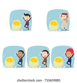 businessman happy got his coin hatched from egg different race set 
