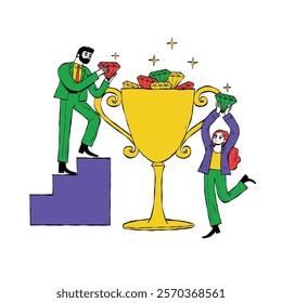 Businessman is happy, got valuables, result of winning, hand drawn vector cartoon illustration.