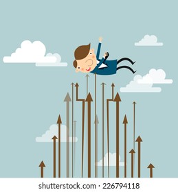 Businessman happy with graph increase , the increase graph push him to the sky to successful,vector,illustrator.