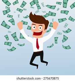 Businessman happy with money flowing in the air. Cartoon Vector Illustration.