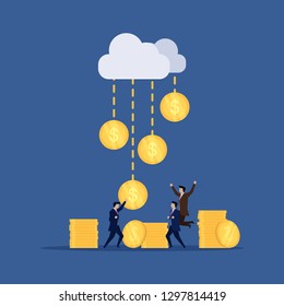 Businessman happy for money rain from cloud online.