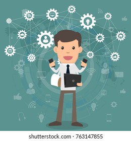 Businessman happy multitasking and multi skill with business icons background. cartoon character vector illustration. 