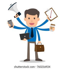 Businessman happy with multitasking and multi skill. cartoon character vector illustration. marketing, coffee, phone, megaphone, clipboard.