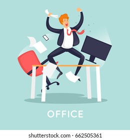 Businessman is happy in the office. Flat vector illustration in cartoon style.