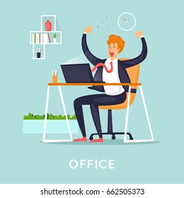 Businessman is happy in the office. Flat vector illustration in cartoon style.