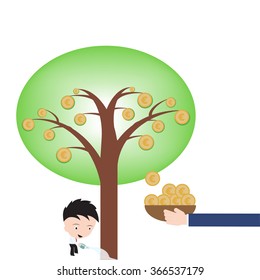 Businessman happy and pot watering growing money tree, Euro sign on white background, vector illustration in flat design