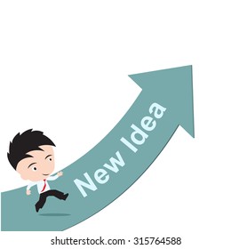 businessman happy to running on green arrow with word New Idea, road to success concept, presented in vector form
