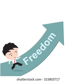 businessman happy to running on green arrow with word Freedom, road to success concept, presented in vector form