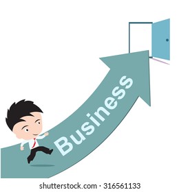 businessman happy to running on green arrow and open door with word business, road to success concept, presented in vector form