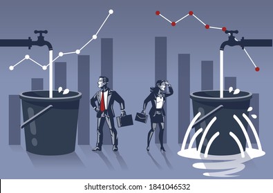 Businessman Happy to See His Water Bucket is Full While Business Woman is Sad to Find Holes and Leaks in Her Bucket Illustration Concept