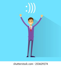 businessman happy smile excited hands up, with smiley bracket web internet chat sign vector illustration