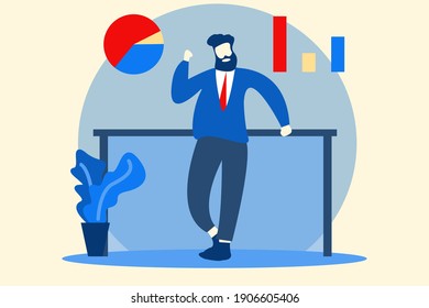 businessman so happy Success in making sales Outside the balcony at work. Finance Profit. Graph Grow. Successful Work