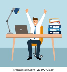 Businessman happy and successful with his work in flat design.