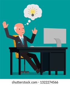 A businessman is happy that he came up with a good idea. Vector illustration, flat design drawing.