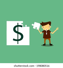 Businessman happy when making a money puzzle nearly finish. Business concept 