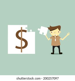 Businessman happy when making a money puzzle nearly finish. Business concept 